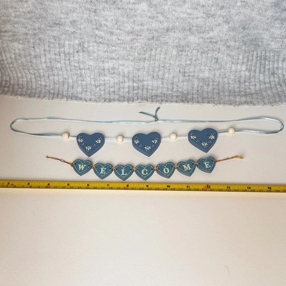 Blue Wooden Heart Welcome Garland Set Floral Painted 90s Cottagecore Wall Decor